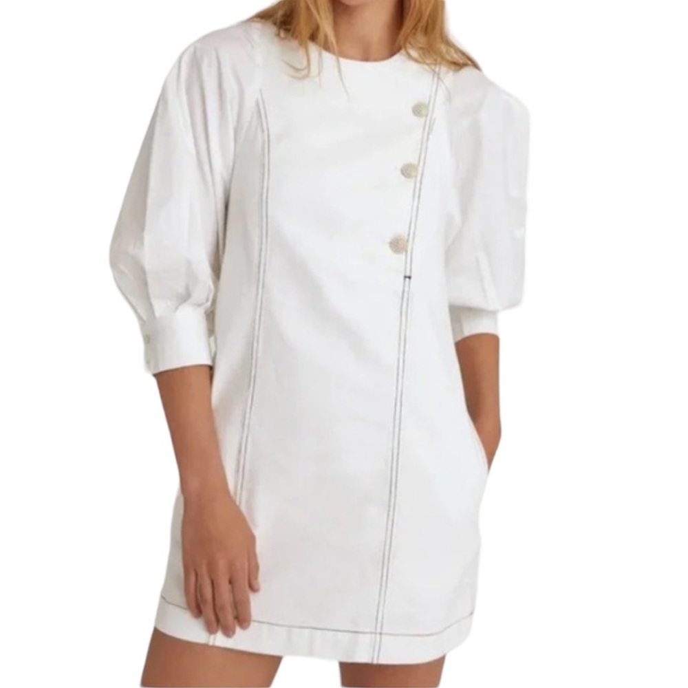 Something Navy “Arielle” Pearl Button Dress in White Denim NWT